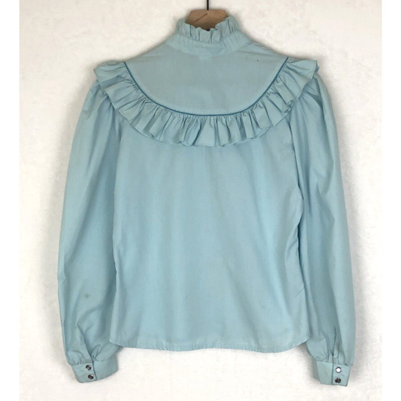 VTG CIRCLE T Western Ruffle Snap Shirt Sz 11 36" Bust Blue Long Puff Sleeve USA - Picture 2 of 9